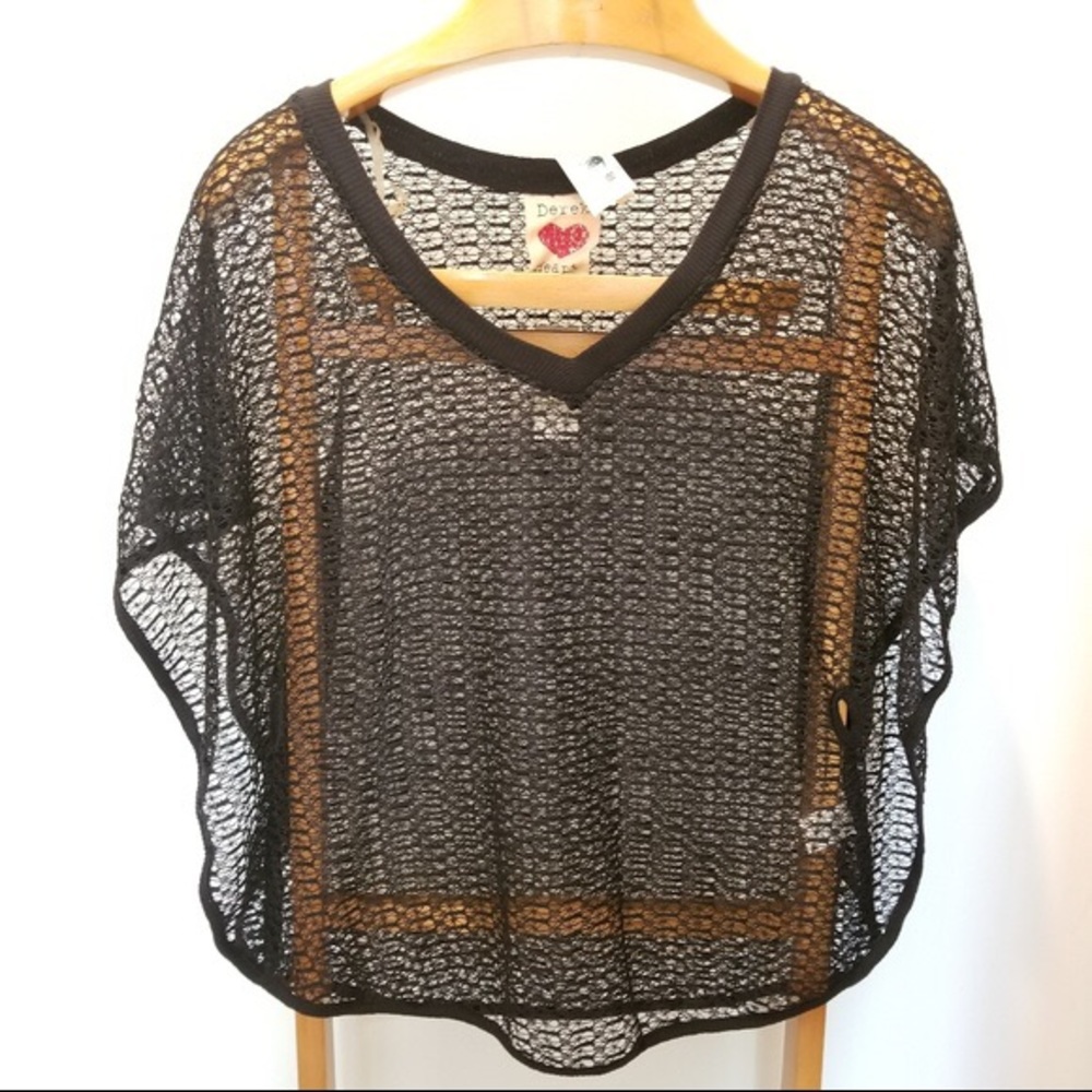 Derek Heart Black Poncho See Thru Netted Dolman Bat Wing Large Junior